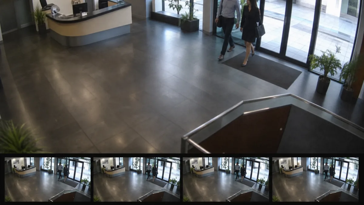 Camera freeze degradation in an office lobby CCTV view with repeated identical frame thumbnails.