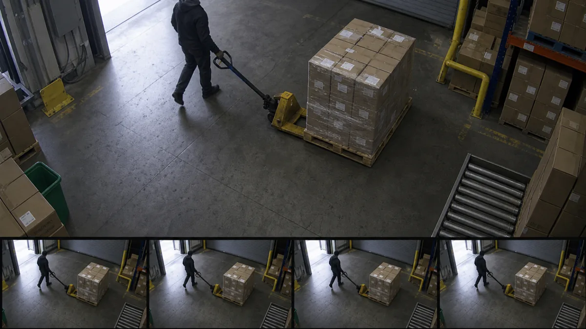 Camera freeze degradation in a warehouse dispatch CCTV view with repeated identical worker and pallet-jack frames.