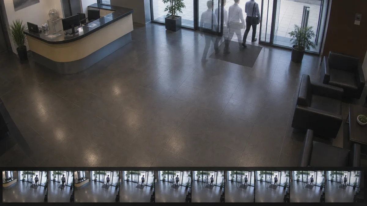FPS drift degradation in an office lobby CCTV view, with stuttered ghost positions near the entrance.