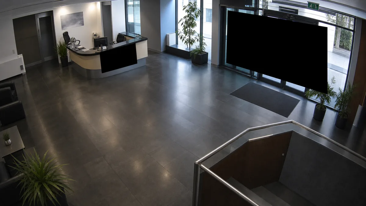 Unexpected privacy mask degradation in a reception CCTV view, with black blocks hiding the entrance and desk.