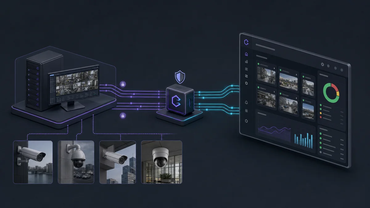 Existing VMS and CCTV cameras feeding normalized health signals into a CHEQIT dashboard.