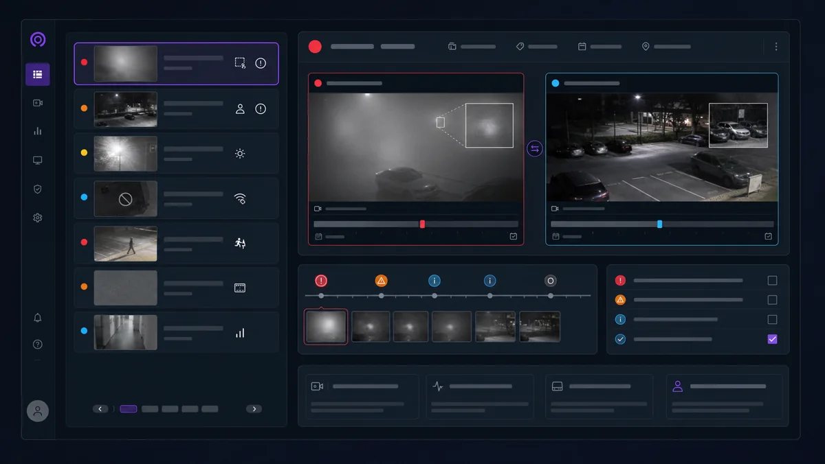 A ranked alert queue beside fixed current and baseline evidence snapshots for CCTV health review.