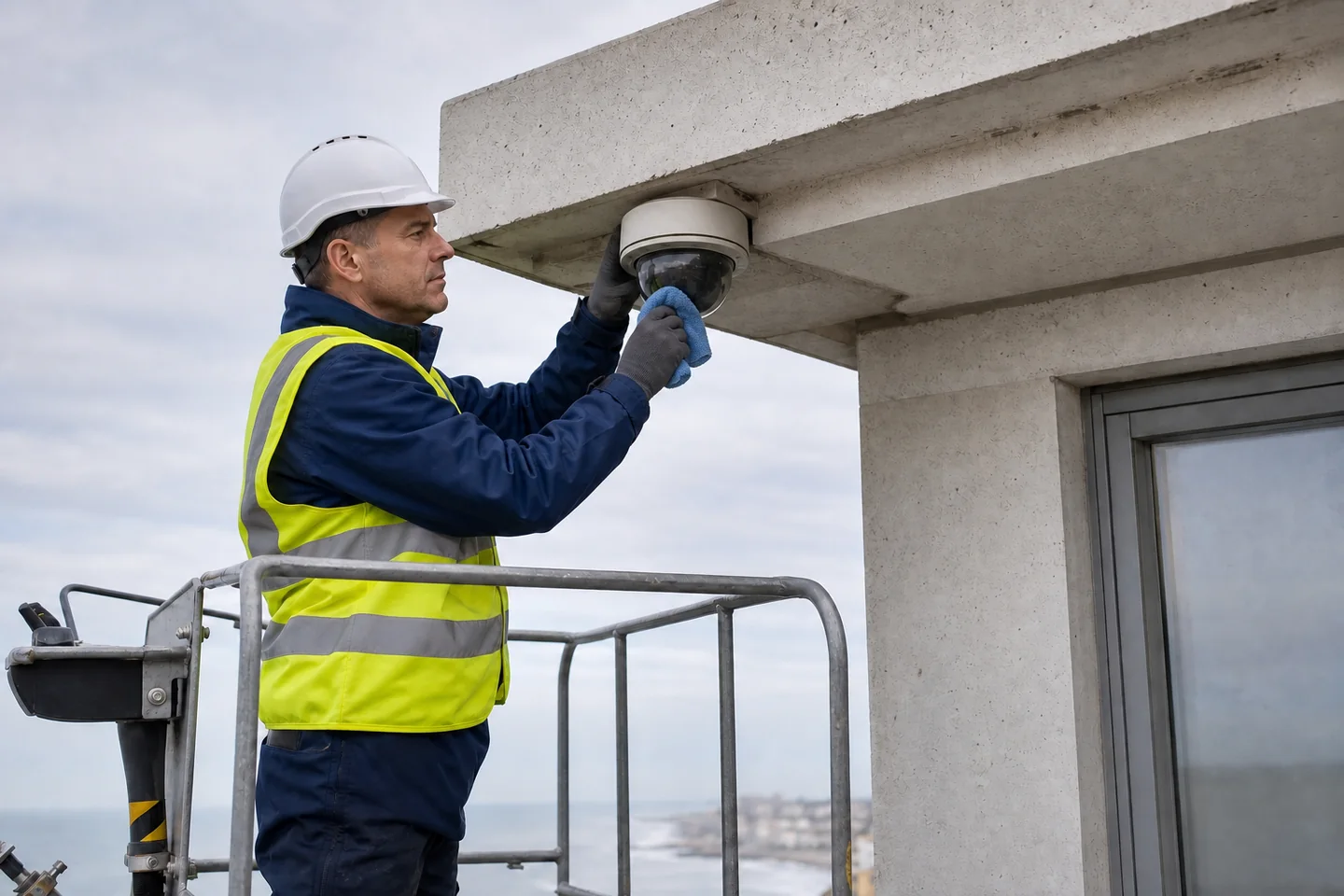An authorised technician safely cleaning an outdoor dome camera from a guarded work platform