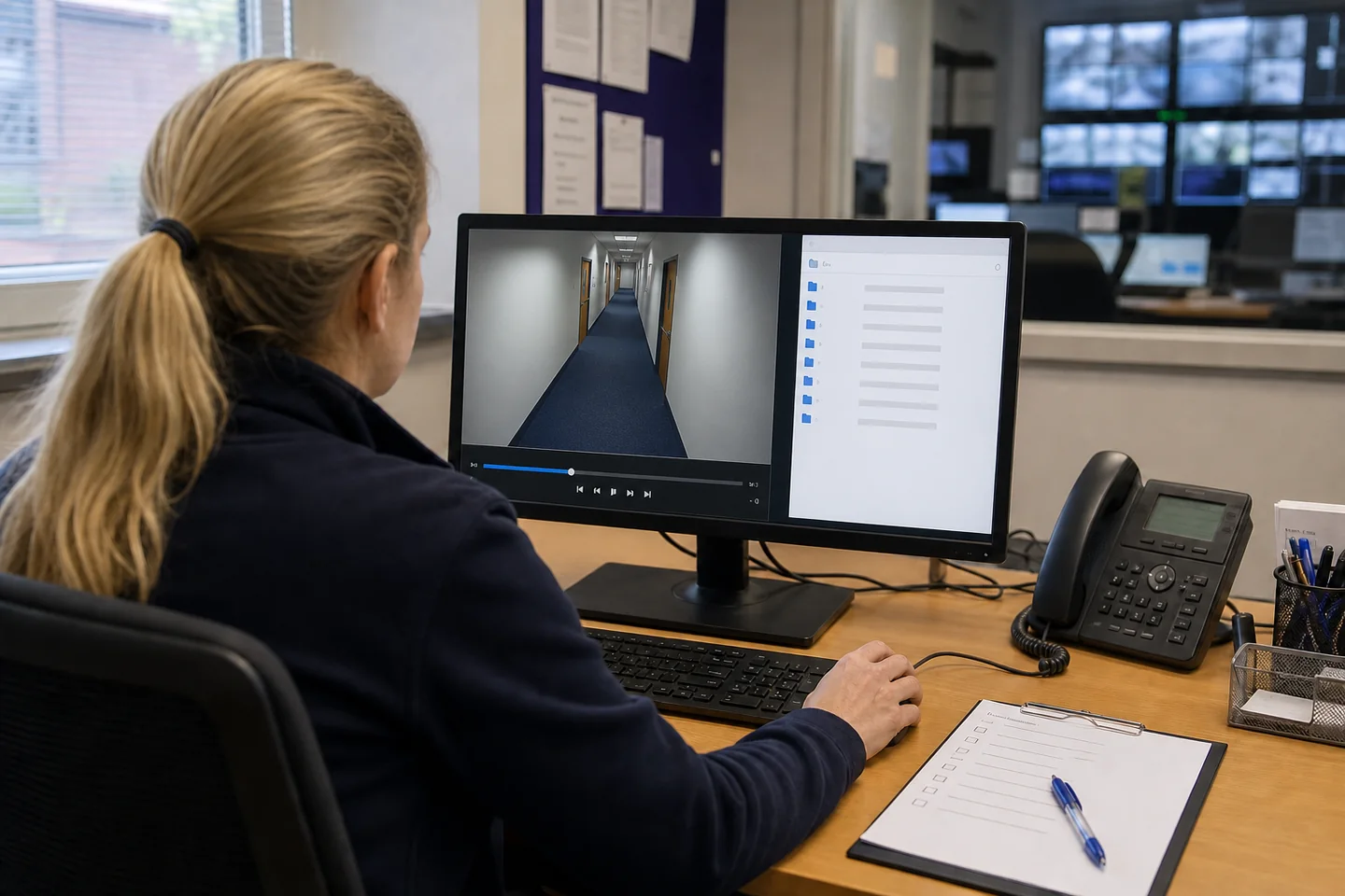 An authorised operator checking an exported CCTV test clip on an ordinary office computer