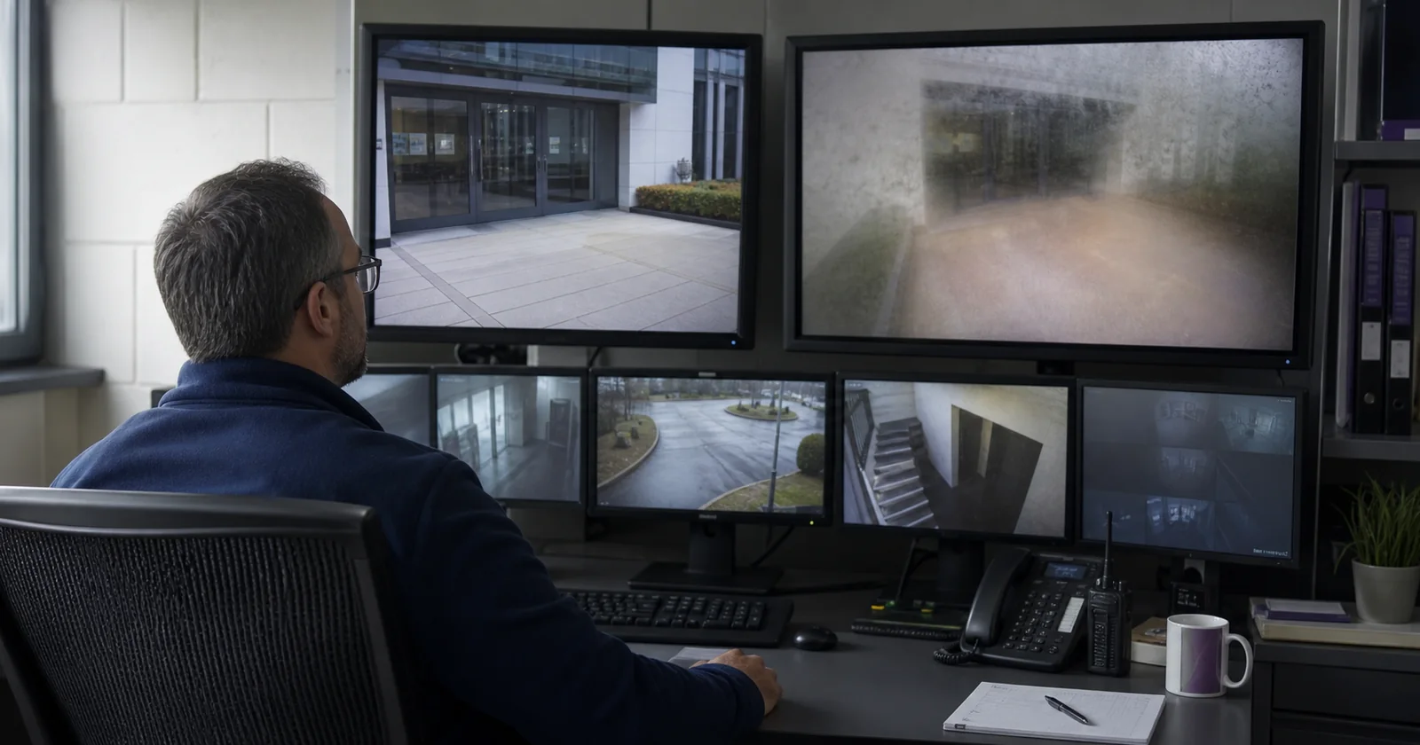 A facilities engineer comparing a clear CCTV view with a camera image obscured by condensation