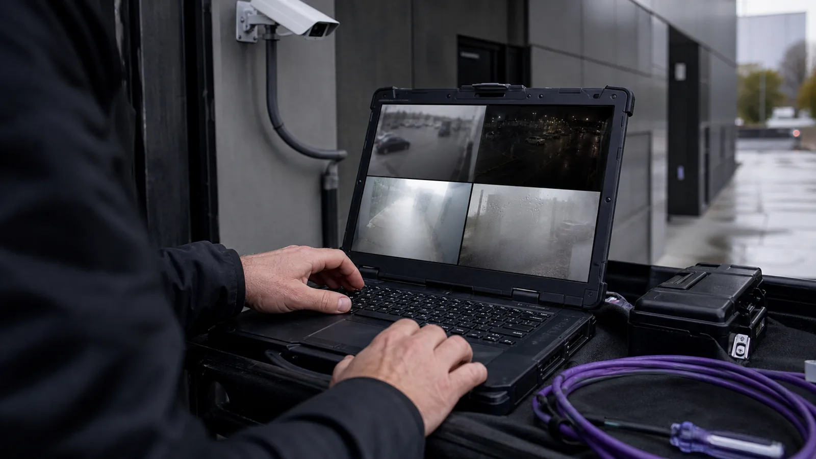 A CCTV technician comparing blurred, dark, washed-out and moisture-affected camera views on a field laptop