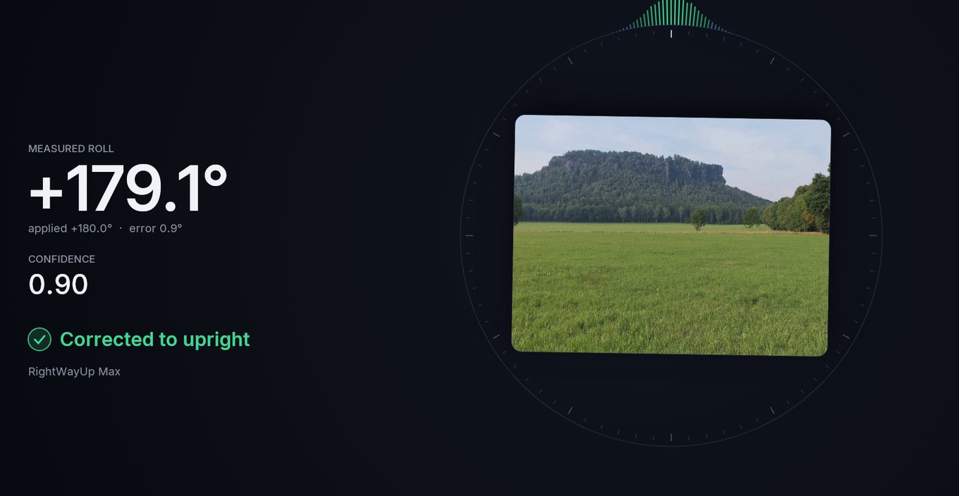 The same view turned back upright by the model's estimate: meadow below, mountain and sky above, marked corrected to upright.