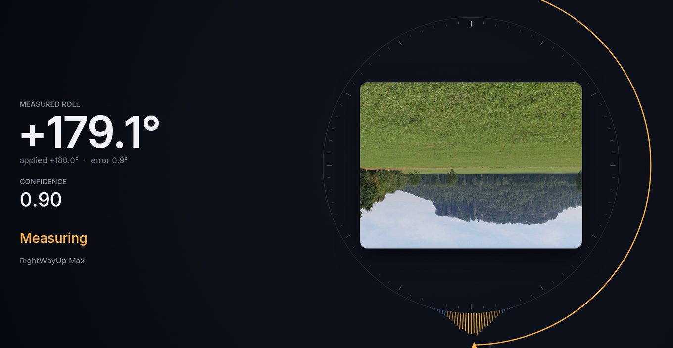 An upside-down view of a flat-topped mountain above a meadow. RightWayUp Max reads a measured roll of plus 179.1 degrees, error 0.9 degrees, confidence 0.90, while its probability ring peaks at the bottom.